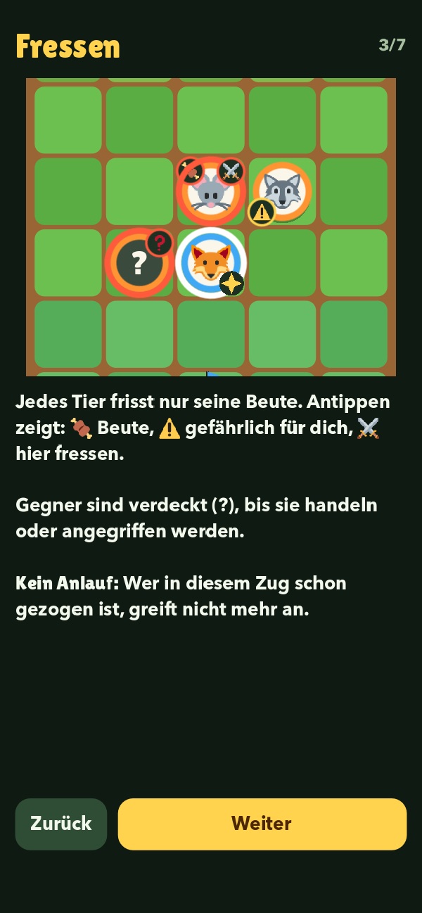 Anleitung im Spiel: Seite Fressen mit Brettausschnitt und kurzen Erklärungen