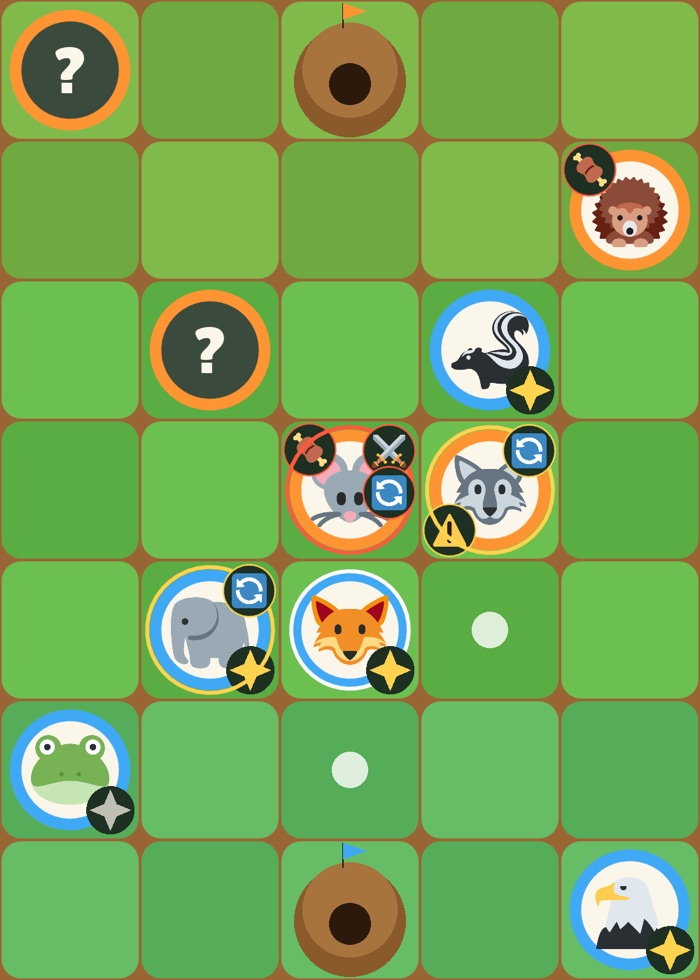 Spielbrett mit 5 × 7 Feldern aus dem Prototyp: unten dein Team mit blauem Rand, oben die gegnerischen Tiere mit orangem Rand, teils verdeckt. Der Fuchs ist angetippt und zeigt Ziele, Beute und Gefahr.