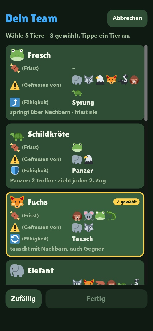 Teamwahl: Liste aller Tiere mit Beute, Fressfeinden und Fähigkeit, drei Tiere gewählt